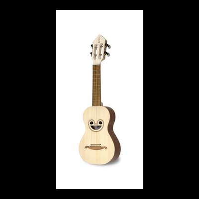 Ukulele em madeira clara e escura com formato de rosto sorridente