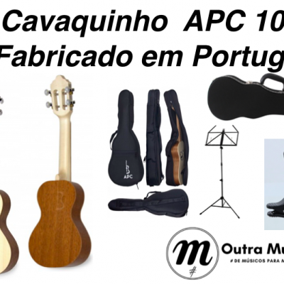 Cavaquinho APC 100 com capas, suporte para partituras, afinador e logo 'Outra Música' em fundo branco