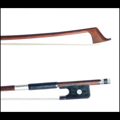 Arco de violino em madeira castanha com crina branca e grip preto