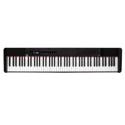 Piano digital preto de 88 teclas com painel de controlo e ecrã azul