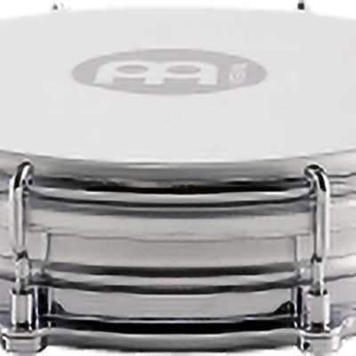 Pandeiro prateado com pele branca e ferragens metálicas