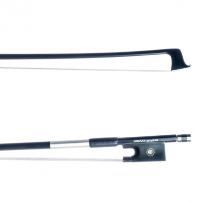 Arco para instrumento de corda com crina branca e madeira escura.