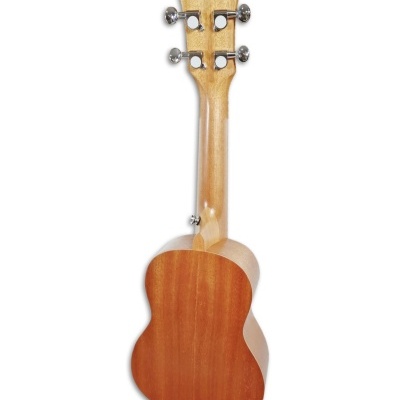Ukulele de madeira castanho claro com tarraxas prateadas