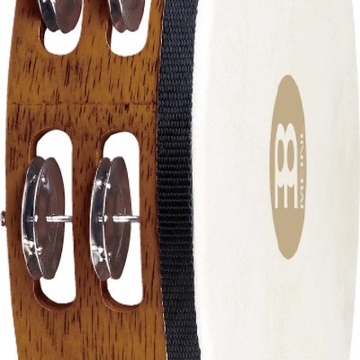 Pandeireta de madeira clara com pele branca e pares metálicos cromados