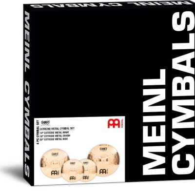 Conjunto de pratos de bateria Meinl Cymbals em embalagem preta com texto e imagens dos pratos dourados