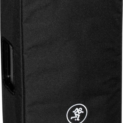 Cobertura preta para coluna de som com logótipo branco e alça lateral