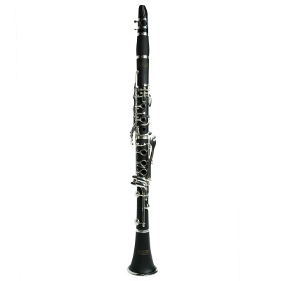 Clarinete preto com detalhes em metal prateado em fundo branco
