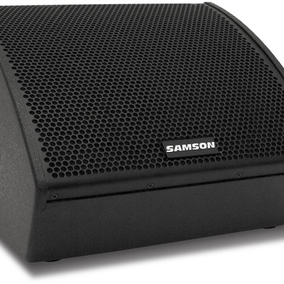 Coluna preta portátil SAMSON com grelha perfurada hexagonal e logótipo