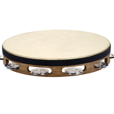 Pandeireta de corpo em madeira clara com pele branca e discos metálicos