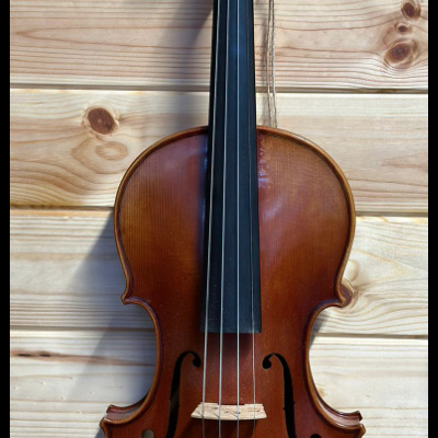 Violin castanho com cordas e queixeira de madeira