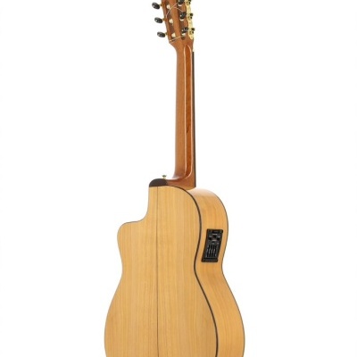 Guitarra clássica elétrica de madeira clara vista de costas