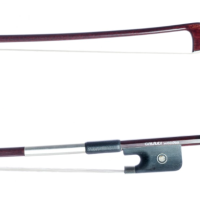 Arco para instrumento de cordas com madeira castanha escura e partes em metal prateado