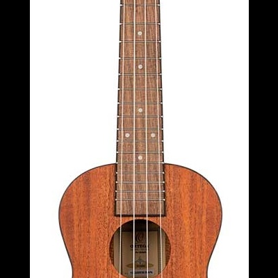 Ukulele em madeira castanha com quatro cordas e desenho decorativo preto