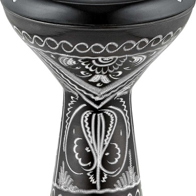 Darbuka preto com padrões brancos e pele branca com logo MEINL