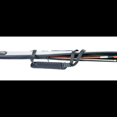 Estojo preto para arco de violino com alça ajustável e detalhes laranja