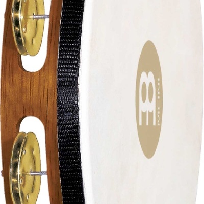 Pandeireta de madeira com pele branca e discos metálicos dourados