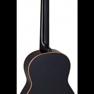 Guitarra clássica preta vista de trás com friso em madeira clara