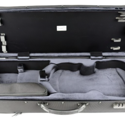 Estojo preto para instrumento musical aberto com interior acolchoado cinzento