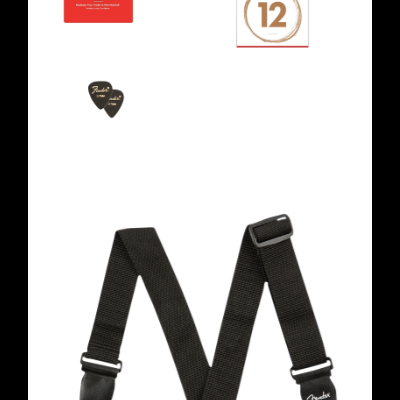 Correia preta de guitarra Fender, palhetas, cartão vermelho Fender PLAY e embalagem de cordas número 12