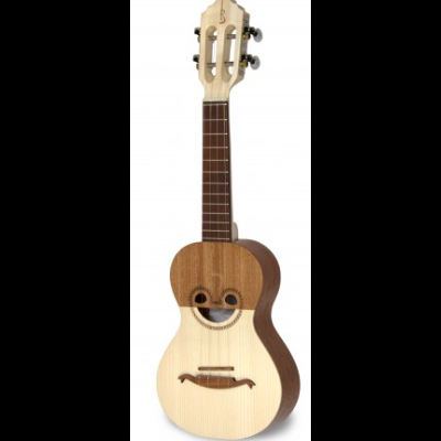 Cavaquinho de madeira com decoração que imita um rosto sorridente