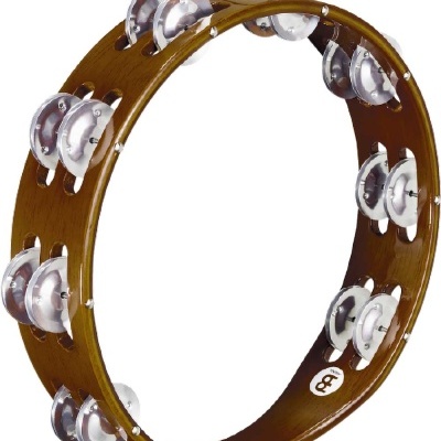 Pandeireta de madeira castanha com fivelas metálicas prateadas