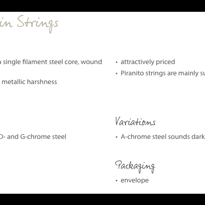 Descrição das cordas para violino Piranito em texto sobre fundo branco
