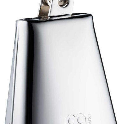 Campainha de metal prateado polido com detalhes pretos