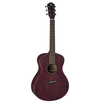 Guitarra acústica vinho escuro com seis cordas e logotipo BR na cabeça