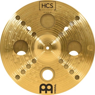 Prato de bateria dourado Meinl com furos e texto HCS MADE IN GERMANY