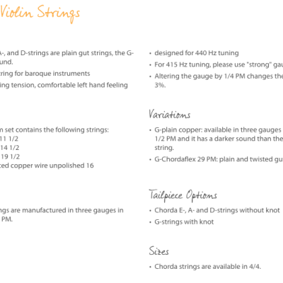 Documento textual sobre cordas de violino Chorda com especificações e características