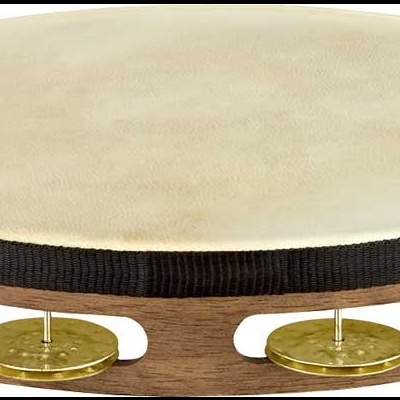 Pandeireta de madeira com pele clara e platinelas douradas