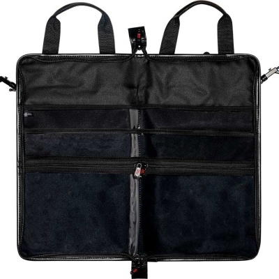 Organizador preto com várias divisórias e fechos em material sintético