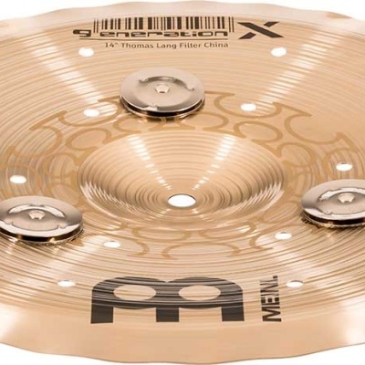 Prato de bateria dourado com pesos prateados e texto MEINL