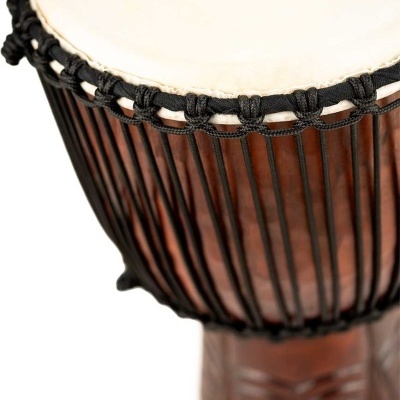 Djembé em madeira esculpida com pele clara e cordas pretas, com logótipo Meinl Percussion