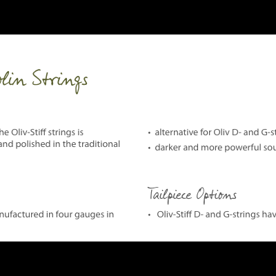Texto detalhando características das cordas para violino Oliv-Stiff em fundo branco