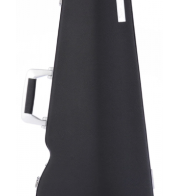 Estojo rígido preto para instrumento musical com pega branca e etiqueta BAM France