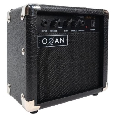Amplificador musical preto com botões e logótipo OQAN