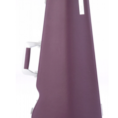 Estojo rígido roxo para instrumento musical com alça branca e etiqueta com texto