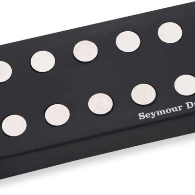Captador de guitarra preto com ímanes circulares e texto Seymour Duncan
