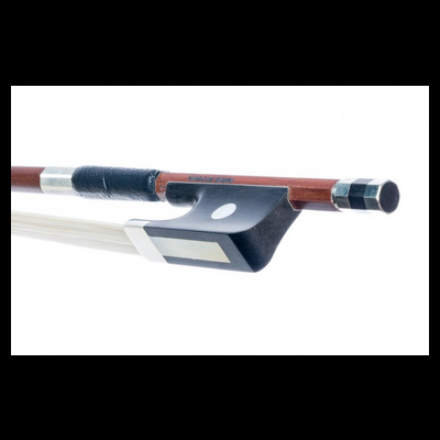 Arco para violino com madeira marrom e detalhes em preto e prateado