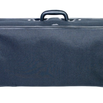 Mala de transporte azul escuro retangular com pega e costuras visíveis