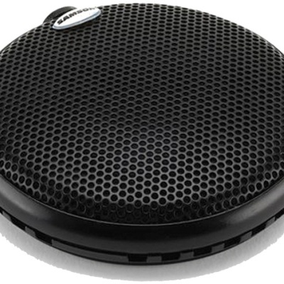 Coluna de som preta redonda com grelha perfurada e botão branco com texto LARENZI