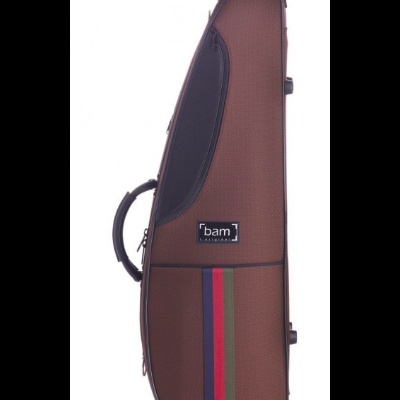 Estojo rígido castanho para instrumento musical com riscas coloridas e alças pretas