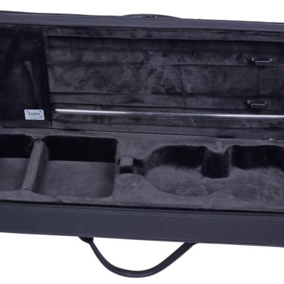 Estojo rígido preto para violino com interior forrado a veludo e compartimentos