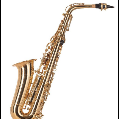 Saxofone tenor dourado com teclas e boquilha preta em fundo branco