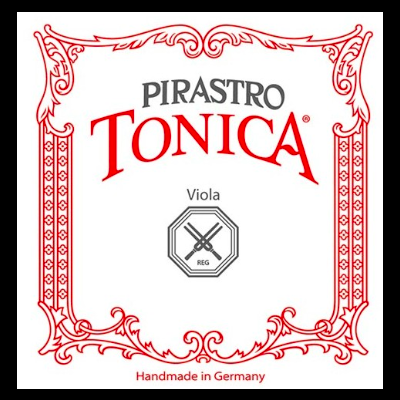 Rótulo decorativo com texto 'PIRASTRO TONICA Viola' e detalhes vermelhos