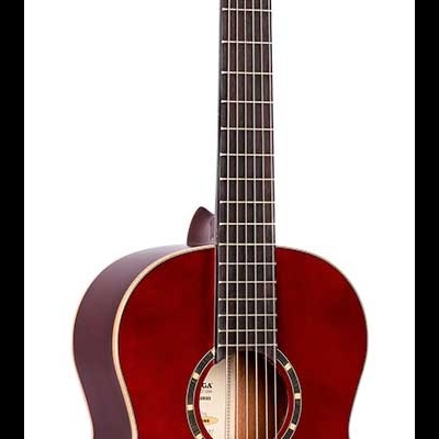 Guitarra clássica vermelha com seis cordas