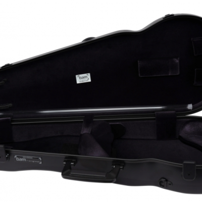 Estojo rígido preto para violino aberto com interior acolchoado e etiqueta BAM