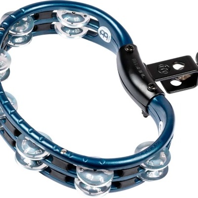 Pandeireta azul metálica com discos prateados e braçadeira preta