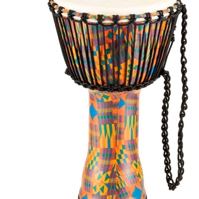Tambor djembe colorido com pele branca e cordas pretas